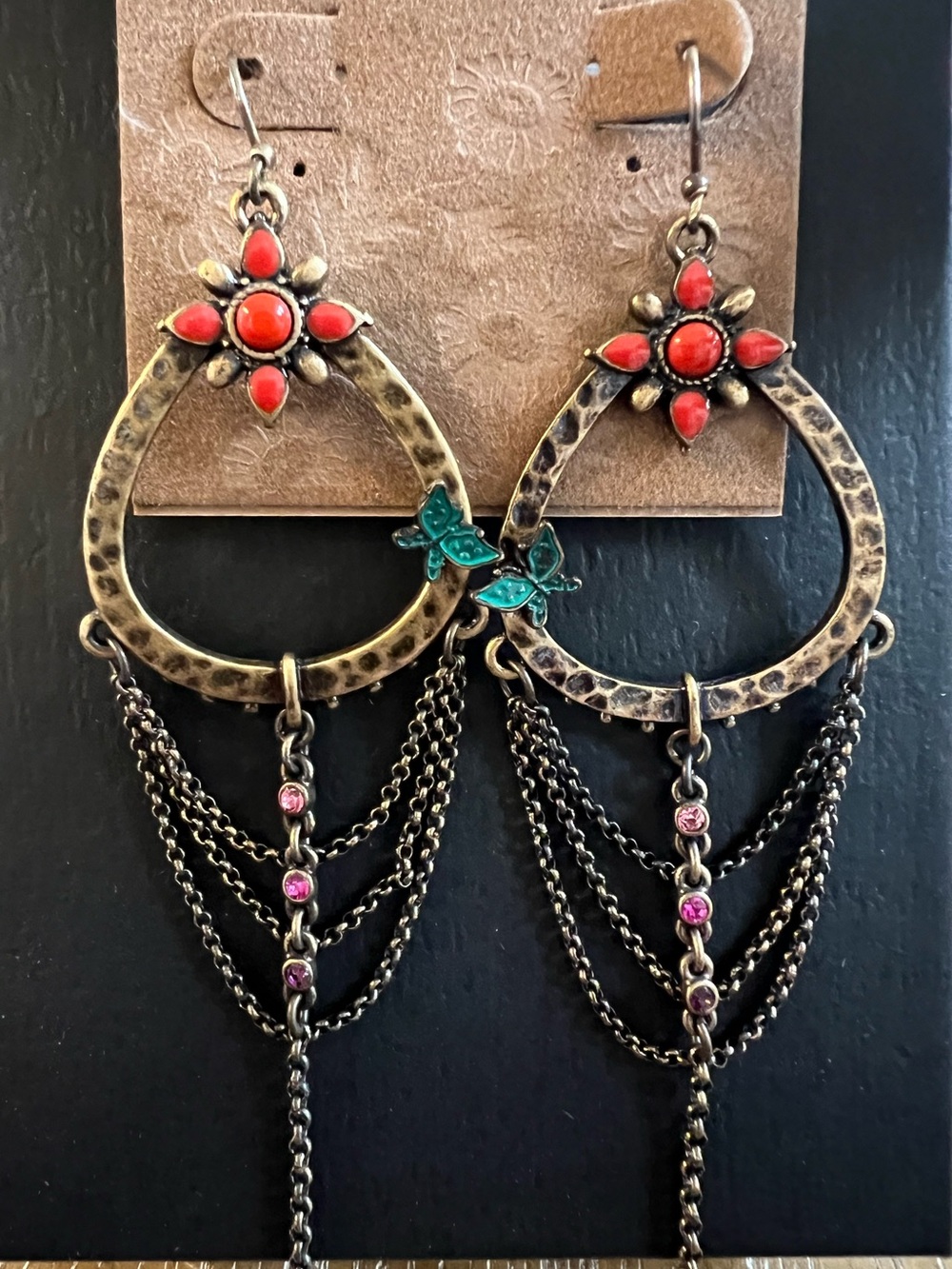 Lucky Brand Antique Gold Floral Teardrop Earrings with Orange and Green Accents